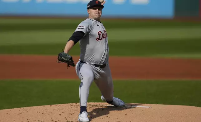 Detroit Tigers' Tarik Skubal pitches in the first inning during Game 5 of baseball's American League Division Series against the Cleveland Guardians, Saturday, Oct. 12, 2024, in Cleveland. (AP Photo/Sue Ogrocki)