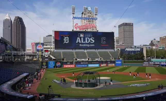 The Cleveland Guardians hold a baseball workout in Cleveland, Friday, Oct. 4, 2024, in preparation for the American League Division Series against the Detroit Tigers. (AP Photo/Sue Ogrocki)