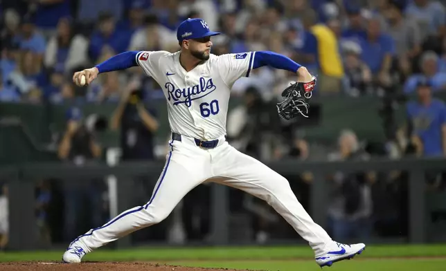 Kansas City Royals relief pitcher Lucas Erceg throws during the fifth inning in Game 4 of an American League Division baseball playoff series against the New York Yankees Thursday, Oct. 10, 2024, in Kansas City, Mo. (AP Photo/Reed Hoffmann)