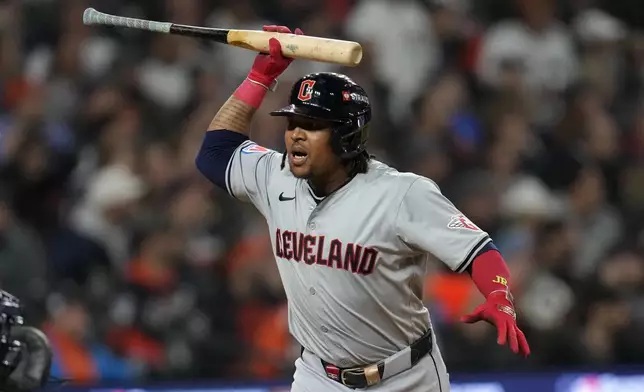 Cleveland Guardians' José Ramírez reacts after hitting a solo home run in the fifth inning during Game 4 of a baseball American League Division Series against the Detroit Tigers, Thursday, Oct. 10, 2024, in Detroit. (AP Photo/Paul Sancya)