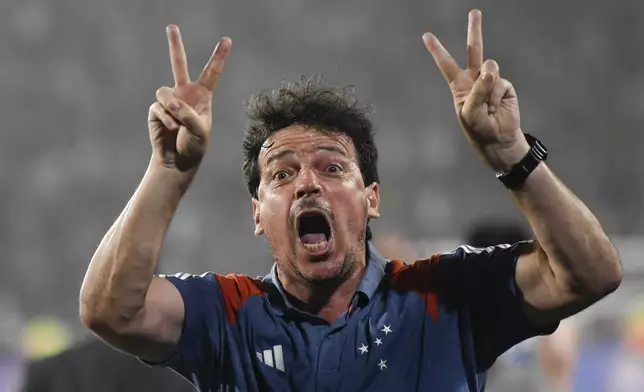 Coach Fernando Diniz of Brazil's Cruzeiro, celebrates winning 0-1 against Argentina's Lanus at the end of a Copa Sudamericana semifinal second leg soccer match at La Fortaleza Stadium in Buenos Aires, Argentina, Wednesday, Oct. 30, 2024. (AP Photo/Gustavo Garello)