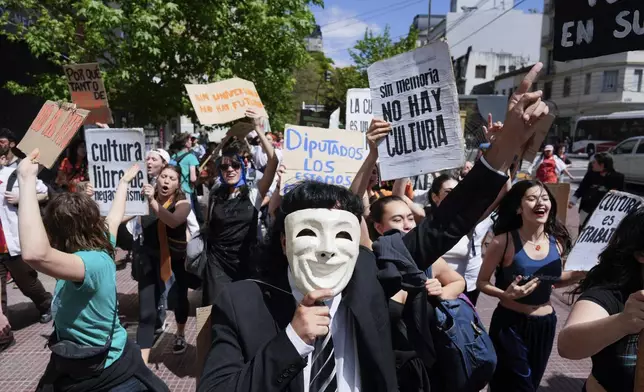 Students march to Congress to protest President Javier Milei's veto of a law to increase funding for public universities in Buenos Aires, Argentina, Wednesday, Oct. 9, 2024. (AP Photo/Rodrigo Abd)