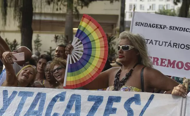 Indianarae Siqueira, a transgender woman running for city council, attends a rally led by state employees in Rio de Janeiro, Wednesday, Sep. 25, 2024. (AP Photo/Hannah-Kathryn Valles)