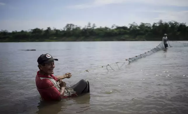 Marciano Flores, from the Cocama Indigenous community, fishes in the low levels of the Amazon River, on the outskirts of Leticia, Colombia, Monday, Oct. 21, 2024. (AP Photo/Ivan Valencia)