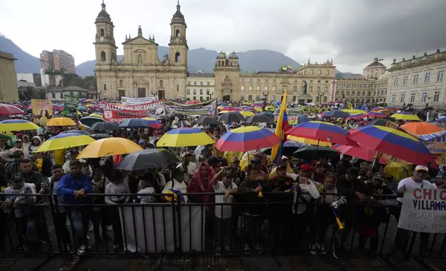 Rooster handlers gather at Bolivar Plaza to protest against a proposed bill that would ban cockfighting in Bogota, Colombia, Tuesday, Oct. 8, 2024. (AP Photo/Fernando Vergara)