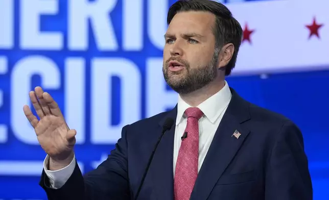 Republican vice presidential nominee Sen. JD Vance, R-Ohio, speaks during a vice presidential debate hosted by CBS News, with Democratic vice presidential candidate Minnesota Gov. Tim Walz, Tuesday, Oct. 1, 2024, in New York. (AP Photo/Matt Rourke)