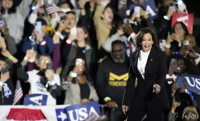 Democratic presidential nominee Vice President Kamala Harris arrives to deliver remarks during a campaign event at the Ellipse near the White House in Washington, Tuesday, Oct. 29, 2024. (AP Photo/Stephanie Scarbrough)