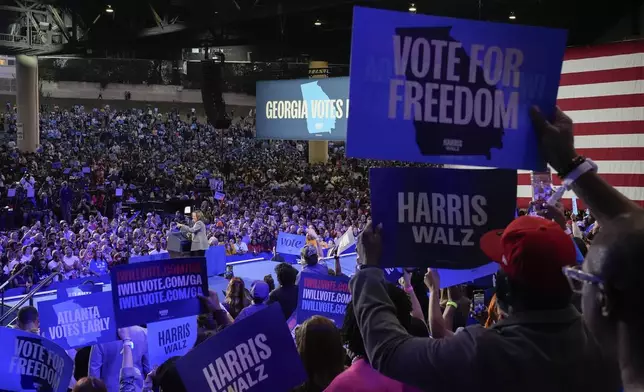 Democratic presidential nominee Vice President Kamala Harris speaks during a campaign event at Lakewood Amphitheatre, Saturday, Oct. 19, 2024, in Atlanta. (AP Photo/Jacquelyn Martin)