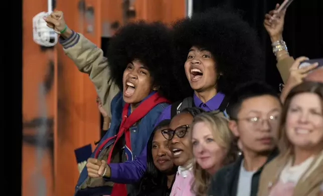 Supporters cheer as Philadelphia Mayor Cherelle Parker speaks during a community rally with Democratic presidential nominee Vice President Kamala Harris at the Alan Horwitz "Sixth Man" Center, Sunday, Oct. 27, 2024, in Philadelphia. (AP Photo/Susan Walsh)