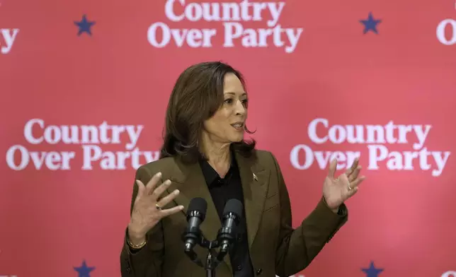 Democratic presidential nominee Vice President Kamala Harris speaks at a campaign event Friday, Oct. 11, 2024, at the Grayhawk Golf Club in Scottsdale, Ariz. (AP Photo/Ross D. Franklin)