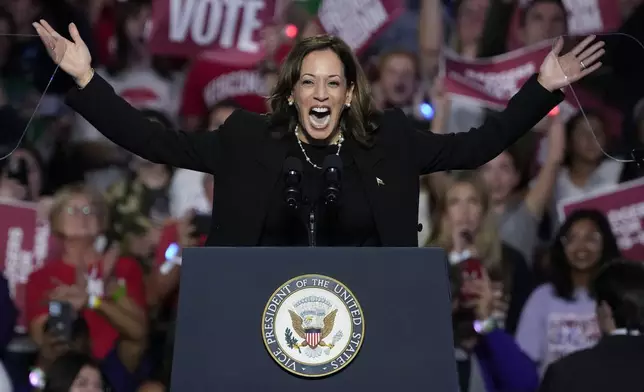 Democratic presidential nominee Vice President Kamala Harris arrives to speak at a campaign event Wednesday, Oct. 30, 2024, in Madison, Wis. (AP Photo/Morry Gash)