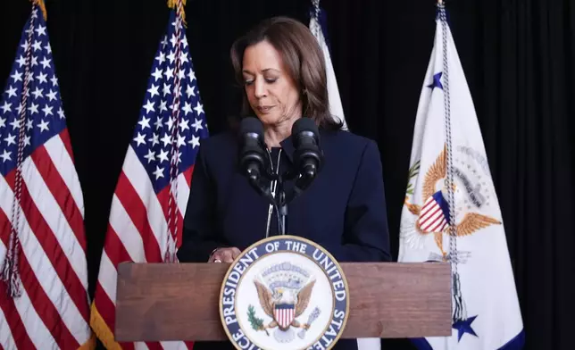 Democratic presidential nominee Vice President Kamala Harris speaks to members of the media, Tuesday Oct. 1, 2024, in Washington. (AP Photo/Jacquelyn Martin)