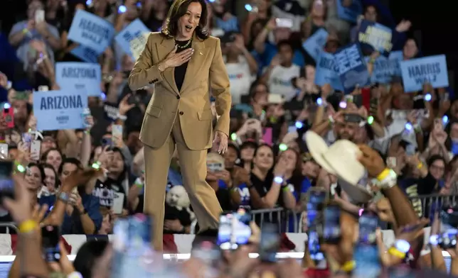 Democratic presidential nominee Vice President Kamala Harris arrives at a campaign rally Thursday, Oct. 10, 2024, on the Gila River Indian Community reservation in Chandler, Ariz. (AP Photo/Matt York)