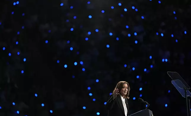 Democratic presidential nominee Vice President Kamala Harris speaks at a campaign rally at East Carolina University in Greenville, N.C., Sunday, Oct. 12, 2024. (AP Photo/Susan Walsh)