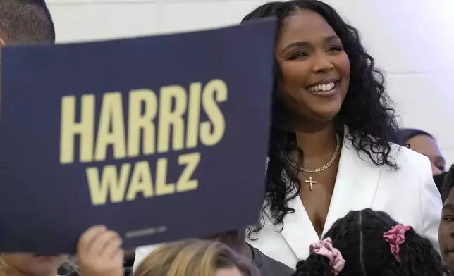 Lizzo attends a campaign event for Democratic presidential nominee Vice President Kamala Harris at Western International High School in Detroit, Saturday, Oct. 19, 2024. (AP Photo/Jacquelyn Martin)