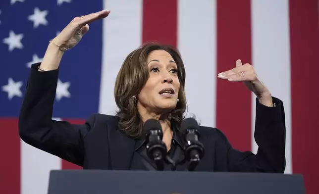 Democratic presidential nominee Vice President Kamala Harris speaks during an event at the Redford Township Fire Department North Station in Redford Township, Mich., Friday, Oct. 4, 2024. (AP Photo/Mark Schiefelbein)