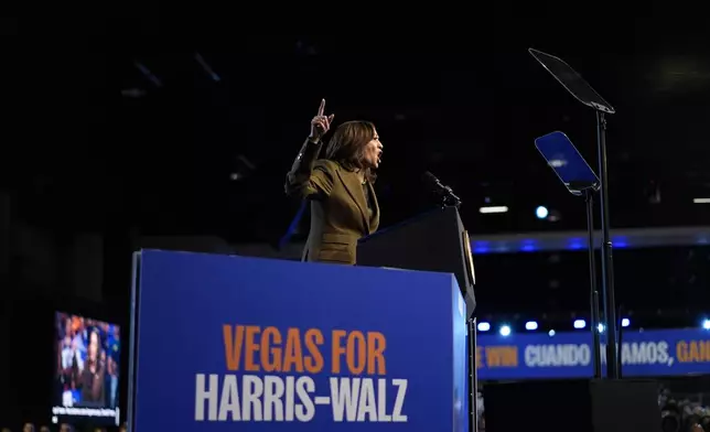 Democratic presidential nominee Vice President Kamala Harris speaks at a rally on Sunday, Sept. 29, 2024, in Las Vegas. (AP Photo/Carolyn Kaster)