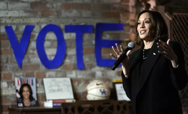 Democratic presidential nominee Vice President Kamala Harris speaks during a stop at Cred Cafe, a local Detroit small business owned by former NBA players Joe and Jamal Crawford, in Detroit, Tuesday, Oct. 15, 2024. (AP Photo/Jacquelyn Martin)