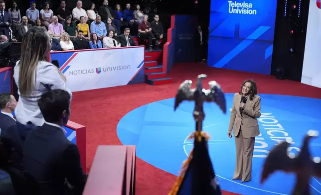 Democratic presidential nominee Vice President Kamala Harris speaks during a Town Hall event hosted by Univision, Thursday, Oct. 10, 2024, at the University of Nevada Las Vegas. (AP Photo/Jacquelyn Martin)