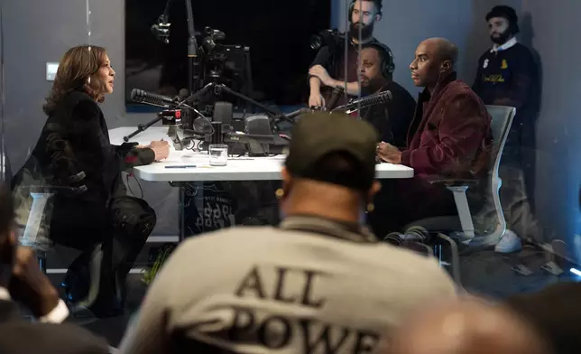 Democratic presidential nominee Vice President Kamala Harris, participates in an interview with Charlamagne Tha God, co-host of iHeartMedia's morning show The Breakfast Club, in Detroit, Tuesday, Oct. 15, 2024. (AP Photo/Jacquelyn Martin)