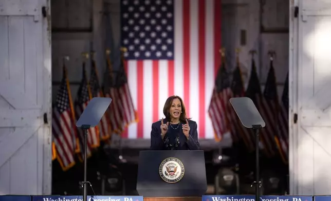 Democratic presidential nominee Vice President Kamala Harris speaks during a campaign event at Washington Crossing Historic Park, Wednesday, Oct. 16, 2024, in Washington Crossing, Pa. (AP Photo/Matt Slocum)