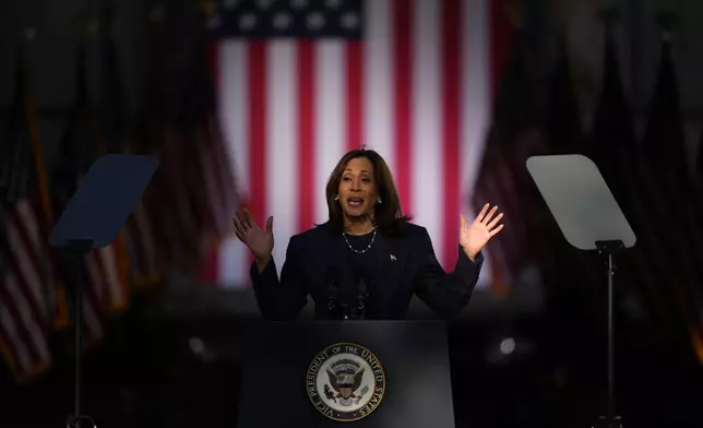 Democratic presidential nominee Vice President Kamala Harris speaks during a campaign event at Washington Crossing Historic Park, Wednesday, Oct. 16, 2024, in Washington Crossing, Pa. (AP Photo/Matt Slocum)