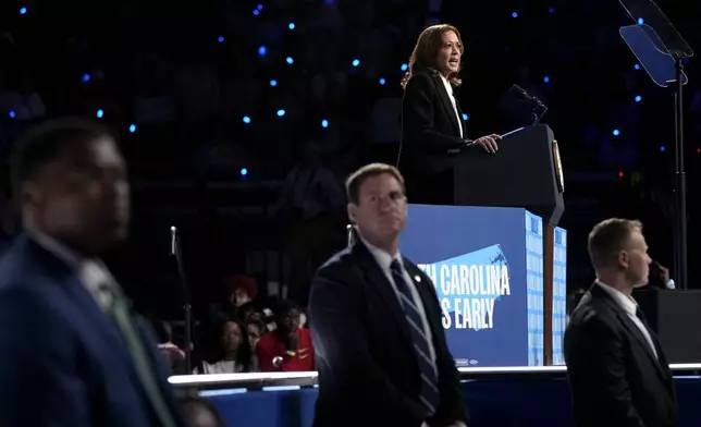 Democratic presidential nominee Vice President Kamala Harris speaks at a campaign rally at East Carolina University in Greenville, N.C., Sunday, Oct. 13, 2024. (AP Photo/Susan Walsh)