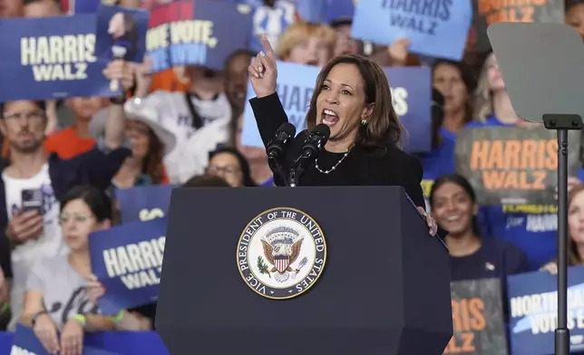 Democratic presidential nominee Vice President Kamala Harris speaks at a campaign rally, Wednesday, Oct. 30, 2024, in Raleigh, N.C. (AP Photo/Allison Joyce)