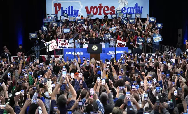 Democratic presidential nominee Vice President Kamala Harris speaks during a community rally at the Alan Horwitz "Sixth Man" Center, Sunday, Oct. 27, 2024, in Philadelphia. (AP Photo/Matt Rourke)