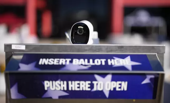 A security camera watches over a mail-in ballot drop box outside the Chester County Government Services Center ahead of the 2024 General Election in the United States, Friday, Oct. 25, 2024, in West Chester, Pa. (AP Photo/Matt Slocum)