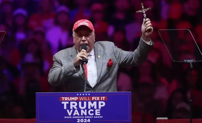 David Rem speaks before Republican presidential nominee former President Donald Trump at a campaign rally at Madison Square Garden, Sunday, Oct. 27, 2024, in New York. (AP Photo/Evan Vucci)