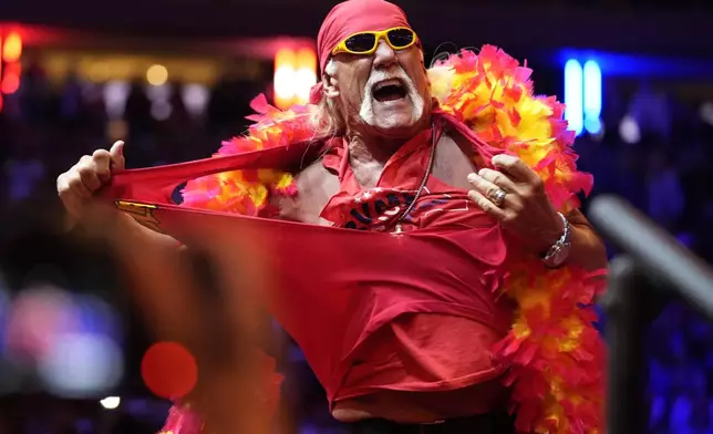 Hulk Hogan rips his shirt before Republican presidential nominee former President Donald Trump speaks at a campaign rally at Madison Square Garden, Sunday, Oct. 27, 2024, in New York. (AP Photo/Alex Brandon)