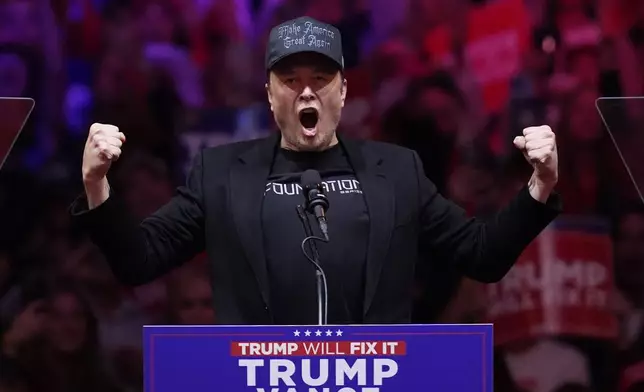 Elon Musk speaks before Republican presidential nominee former President Donald Trump at a campaign rally at Madison Square Garden, Sunday, Oct. 27, 2024, in New York. (AP Photo/Evan Vucci)