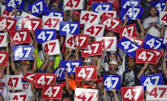 Supporters cheer before Republican presidential nominee former President Donald Trump speaks at a campaign rally at Greensboro Coliseum, Tuesday, Oct. 22, 2024, in Greensboro, N.C. (AP Photo/Julia Demaree Nikhinson)