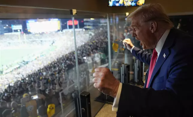 Republican presidential nominee former President Donald Trump attends the New York Jets football game against the Pittsburgh Steelers at Acrisure Stadium, Sunday, Oct. 20, 2024, in Pittsburgh. (AP Photo/Evan Vucci, Pool)