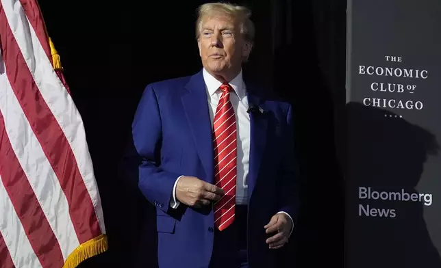 Republican presidential nominee former President Donald Trump speaks during an interview with Bloomberg News Editor-in-Chief John Micklethwait during an event with the Economic Club of Chicago, Tuesday, Oct. 15, 2024, in Chicago. (AP Photo/Evan Vucci)