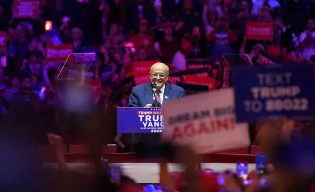 Rudy Giuliani speaks before Republican presidential nominee former President Donald Trump at a campaign rally at Madison Square Garden, Sunday, Oct. 27, 2024, in New York. (AP Photo/Alex Brandon)