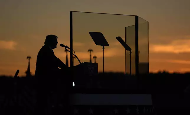 Republican presidential nominee former President Donald Trump speaks during a campaign rally at Arnold Palmer Regional Airport, Saturday, Oct. 19, 2024, in Latrobe, Pa. (AP Photo/Evan Vucci)