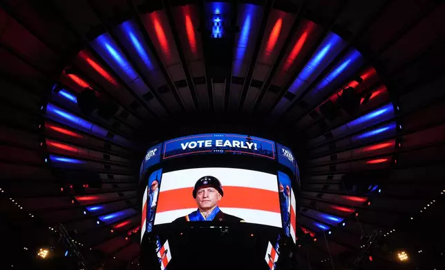 A video from the movie "Patton" is played before Republican presidential nominee former President Donald Trump speaks at a campaign rally at Madison Square Garden, Sunday, Oct. 27, 2024, in New York. (AP Photo/Alex Brandon)