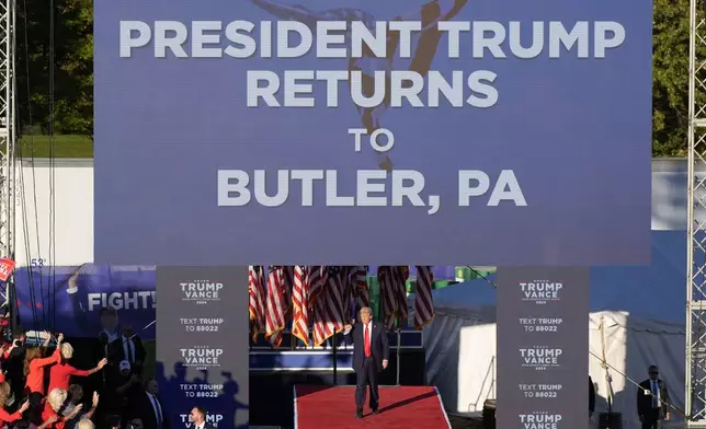 Republican presidential nominee former President Donald Trump arrives to speak at a campaign event at the Butler Farm Show, Saturday, Oct. 5, 2024, in Butler, Pa. (AP Photo/Alex Brandon)