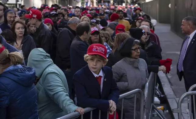 Supporters of Republican presidential nominee former President Donald Trump gather for his campaign rally outside Madison Square Garden, Sunday, Oct. 27, 2024, in New York. (AP Photo/Yuki Iwamura)