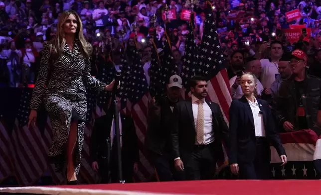 Former first lady Melania Trump arrives to speak at a campaign rally for Republican presidential nominee former President Donald Trump at Madison Square Garden, Sunday, Oct. 27, 2024, in New York. (AP Photo/Julia Demaree Nikhinson)