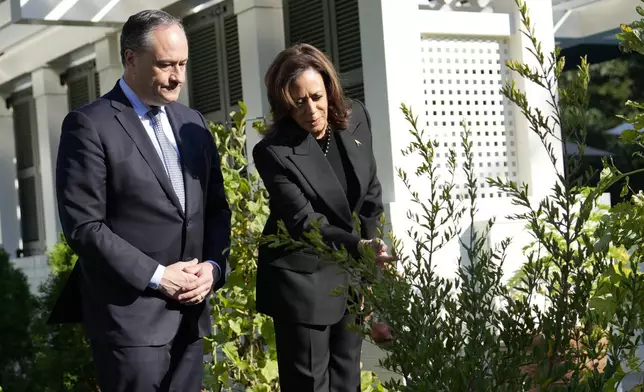 Democratic presidential nominee Vice President Kamala Harris, right, and second gentleman Doug Emhoff look at memorial tree after they planted it on the grounds of the Vice President's residence in Washington on Monday, Oct. 7, 2024, to honor the victims and mark one year since the Oct. 7, 2023, Hamas attack on Israel. (AP Photo/Ben Curtis)