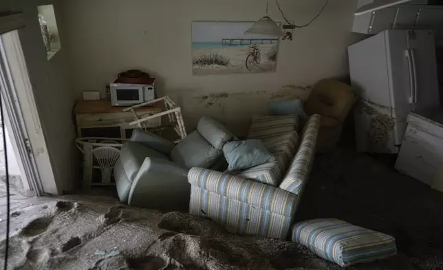 Several feet of sand fills a condo following the passage of Hurricane Milton, at YCA Vacation Rental in Venice, Fla., Friday, Oct. 11, 2024. (AP Photo/Rebecca Blackwell)