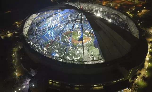 An aerial view of Tropicana Field's shredded roof in downtown St. Petersburg, Fla., in the wake of Hurricane Milton early Thursday, Oct. 10, 2024. (Max Chesnes/Tampa Bay Times via AP)