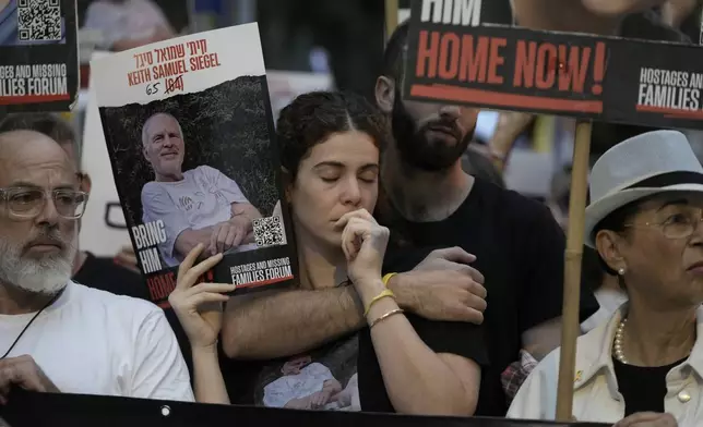 People protest on the one-year anniversary of the Hamas attack on Israel and call for the release of hostages held by Hamas in the Gaza Strip, outside Prime Minister Benjamin Netanyahu's house, in Jerusalem, Monday, Oct. 7, 2024. (AP Photo/Mahmoud Illean)