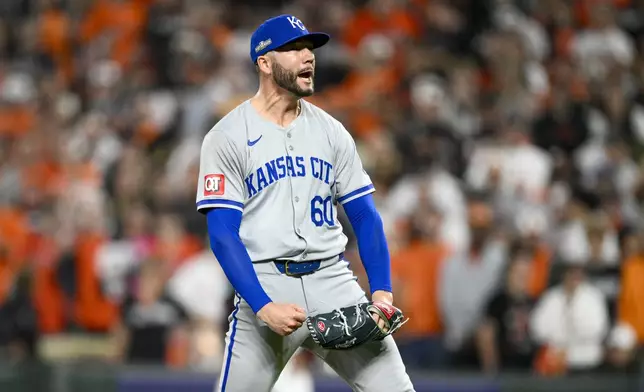 Kansas City Royals pitcher Lucas Erceg reacts after striking out Baltimore Orioles' Gunnar Henderson for the final out in Game 2 of an AL Wild Card Series baseball game, Wednesday, Oct. 2, 2024 in Baltimore. The Royals won 2-1. (AP Photo/Nick Wass)