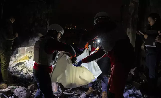 A medical emergency team carry the body of a teenager who died after a Russian drone attack in Kyiv, Ukraine, early Saturday, Oct. 26, 2024. (AP Photo/Alex Babenko)