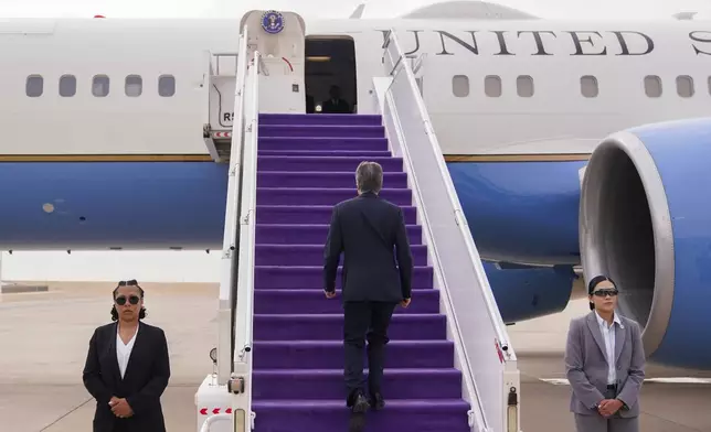 U.S. Secretary of State Antony Blinken departs for Doha, Qatar in Riyadh, Saudi Arabia, Thursday, Oct. 24, 2024. (Nathan Howard/Pool Photo via AP)