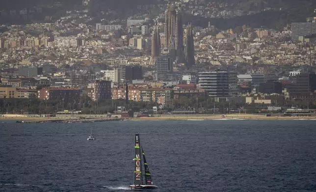 Ineos Britannia races during the Louis Vuitton 37th America's Cup Day 4 race 5 in Barcelona, Spain, Wednesday, Oct. 16, 2024. (AP Photo/Emilio Morenatti)